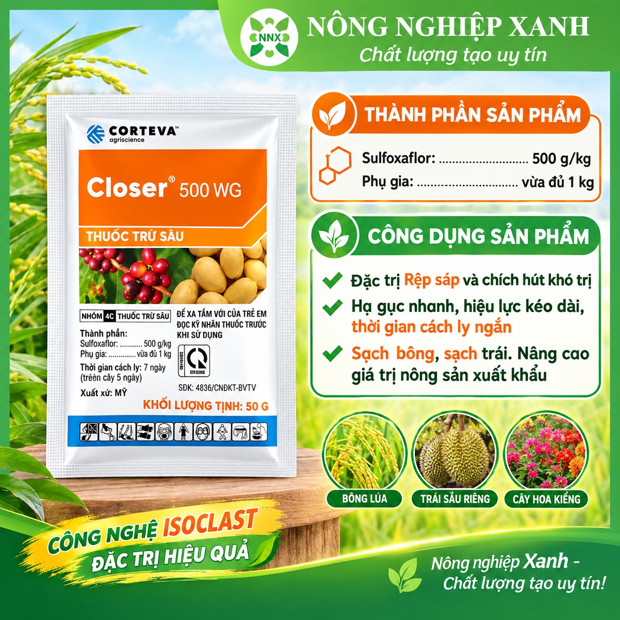 Thuốc trừ sâu CLOSER 500WG gói 8gr (Rệp sáp, Rầy phấn trắng, Rầy mềm, Rầy xanh)